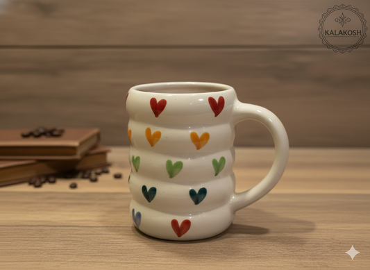 Handcrafted Ceramic Coffee Mug for Home Decor, Office Use | Premium Clay Tea Cup with Multi-Color Hearts | Unique Home Use Gifting Mug