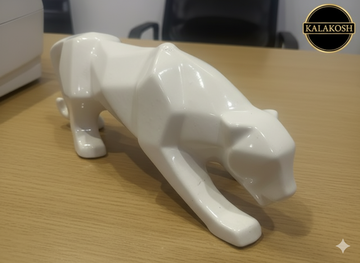 Geometric Panther Showpiece for Modern Home Decor | Ceramic/Polyresin Abstract Animal Sculpture | White Living Room Tabletop Art & Luxury Gift
