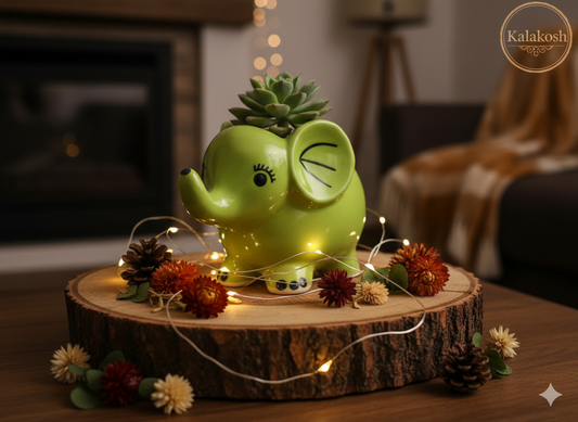 Charming Green Elephant Ceramic Planter Pot | Home Decor Vase for Plants & Succulents | Ideal for Home Use, Office Use, Table Top & Gifting
