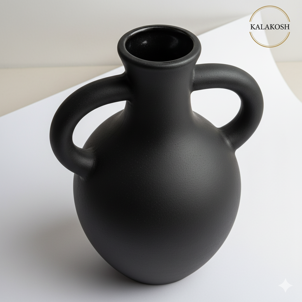 Premium Matte Black Double Handle Bottle Vase Planter | Modern Home Décor | Office Use, Living Room Accent, Clay Terracotta