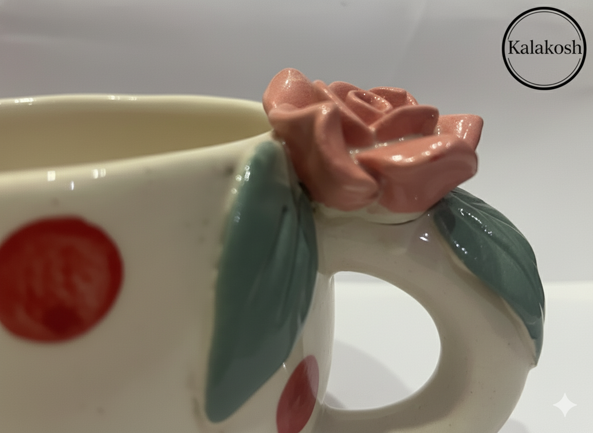 Charming Polka Dot Ceramic Coffee/Tea Mug with 3D Rose Handle | Unique Home Decor, Office Use & Gifting | Premium Stoneware Cup