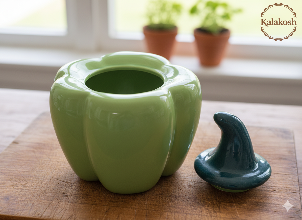 Premium Green Ceramic Pickle Jar Container with Lid | Unique Bell Pepper Shape | Multipurpose Kitchen Storage, Home Decor Vase, Office Use, Home Use | Ideal Gifting