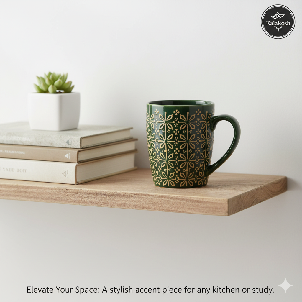 Premium Embossed Ceramic Coffee Mug (400ml) | Dark Green Home Decor Tea Cup | Stylish Office Use & Home Kitchen Beverage Drinkware