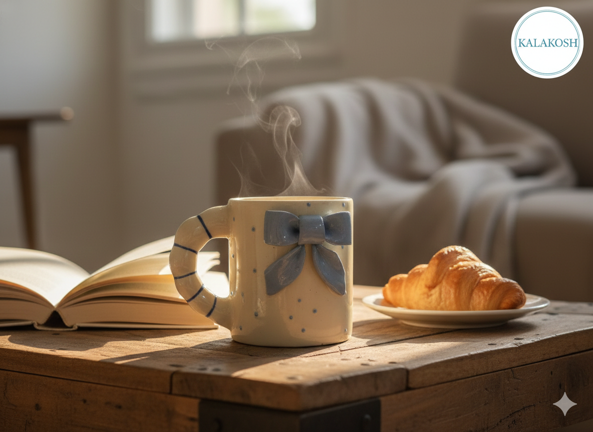 Handmade Ceramic Coffee Mug with 3D Blue Bow & Sculpted Handle – Premium Home Decor Aesthetic Tea Cup for Office & Home Use – Unique Birthday Gift for Women & Girls – 350ml Blue & Cream