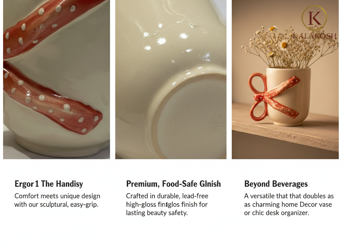 Handmade Ceramic Coffee Mug with Red Polka Dot 3D Bow Handle - Aesthetic Tea Cup for Home Decor Vase, Office Use & Gifting - Unique Coquette Ribbon Design Pottery - Off-White & Red (300ml)
