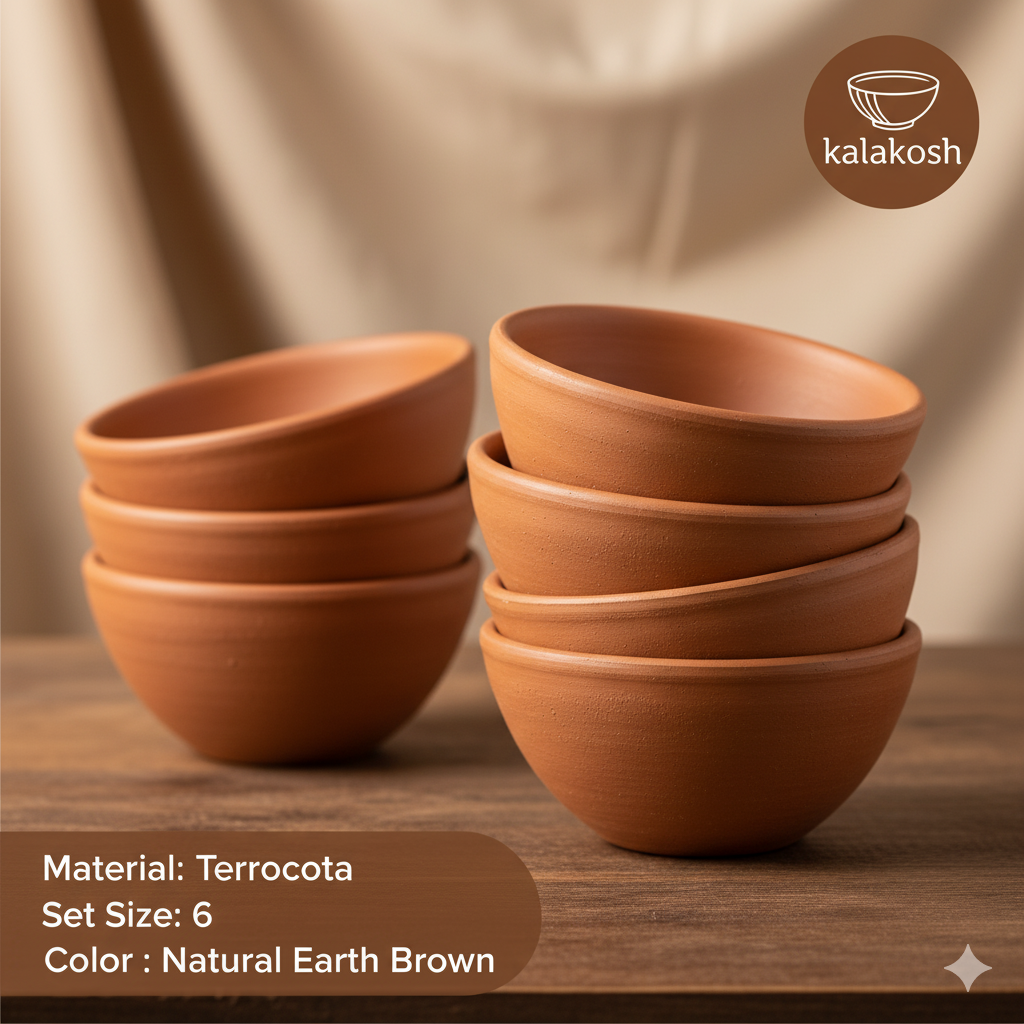 Authentic Handcrafted Terracotta Bowls (Set of 6) - Natural Earthen Clay Serve ware for Curd, Dessert, & Traditional Dining