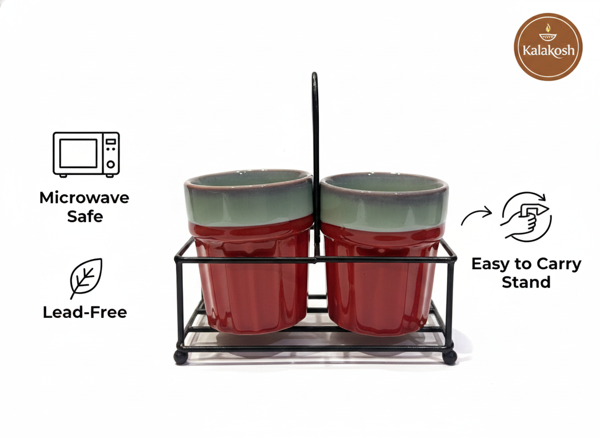 Premium Ceramic Tea and Coffee Cup Set of 2 with Iron Carrier Stand | Handcrafted Red & Grey Ombre Kulhad Set for Home Decor, Office & Gifting | Elegant Microwave Safe Morning Cutting Chai Cups