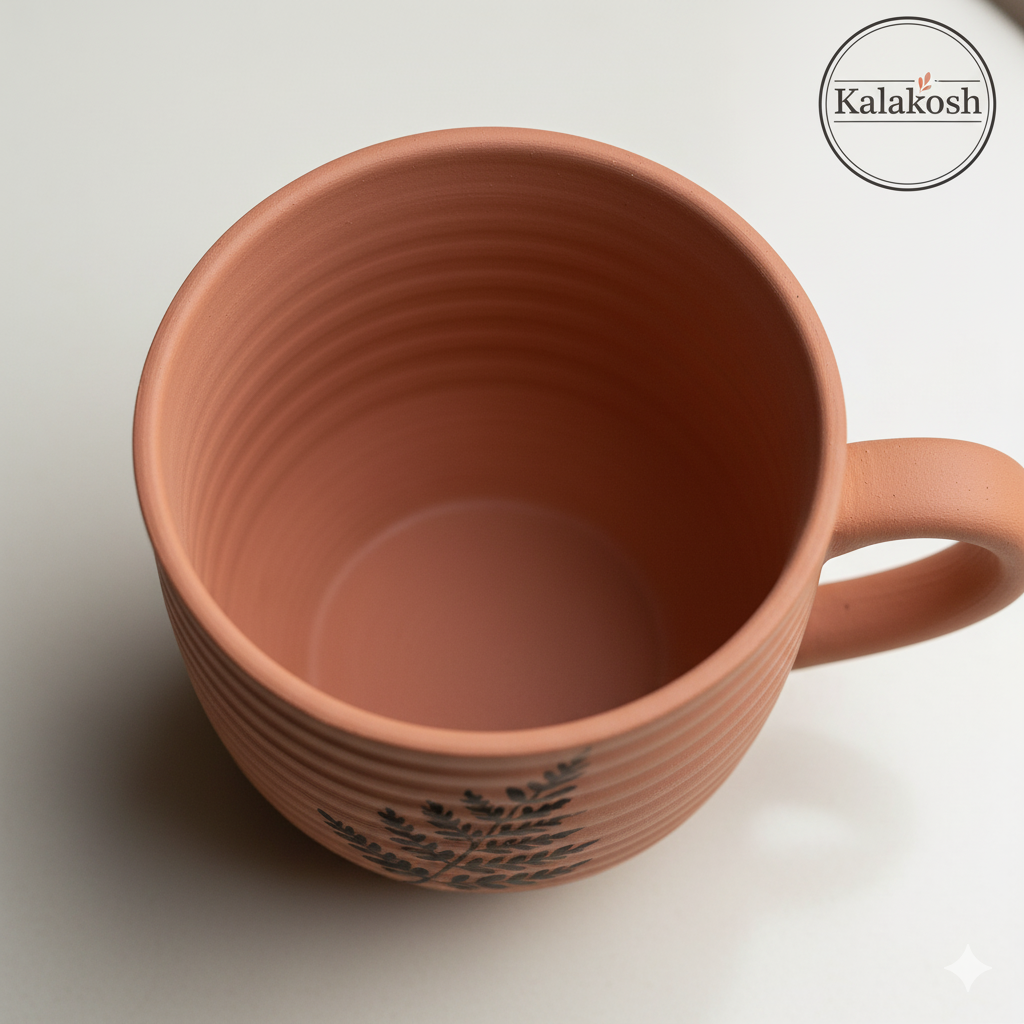 Handcrafted Terracotta Clay Coffee Mug | Pink Aesthetic | Black Fern Leaf Design | Rustic Home Decor & Office Use Tea Cup | Unique Gifting