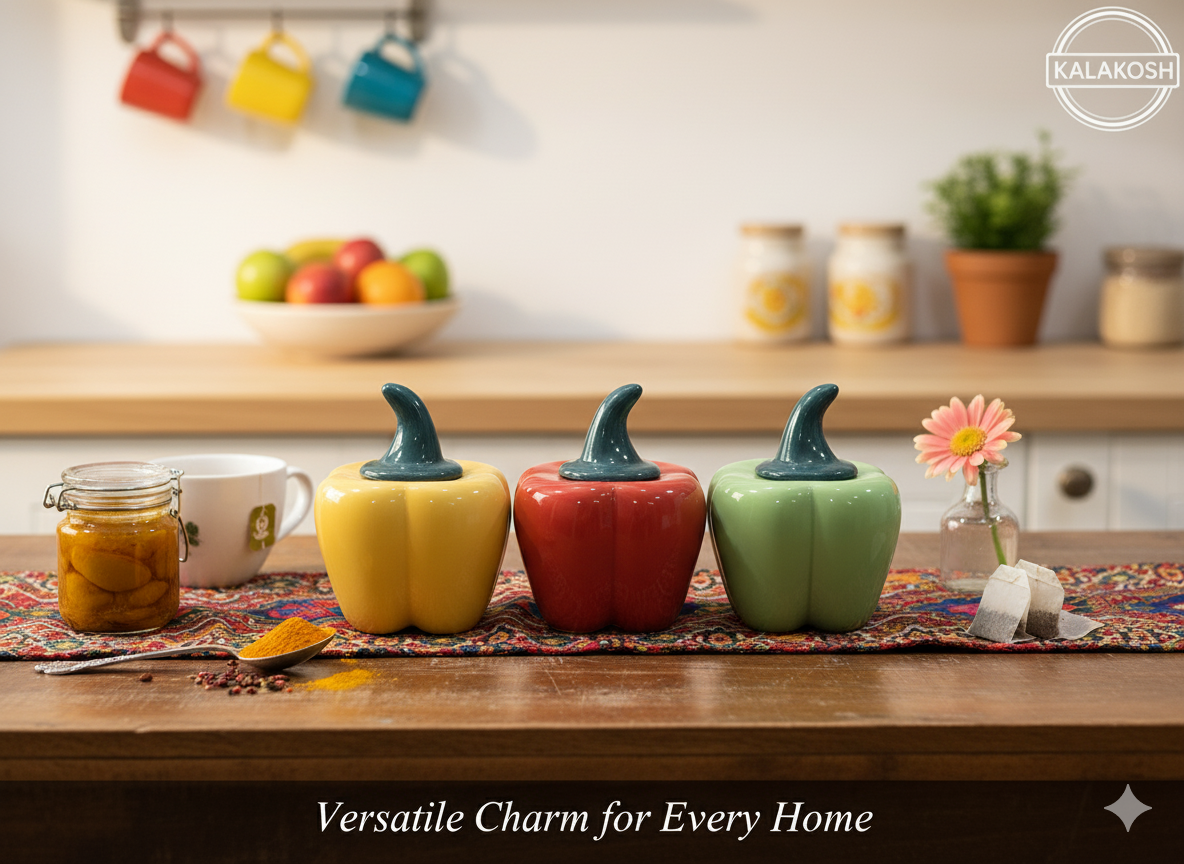 Premium Ceramic Pickle Jar Container Set of 3 | Bell Pepper Design | Home Décor Vase for Kitchen & Dining | Office Use Storage | Multipurpose Home Use Set