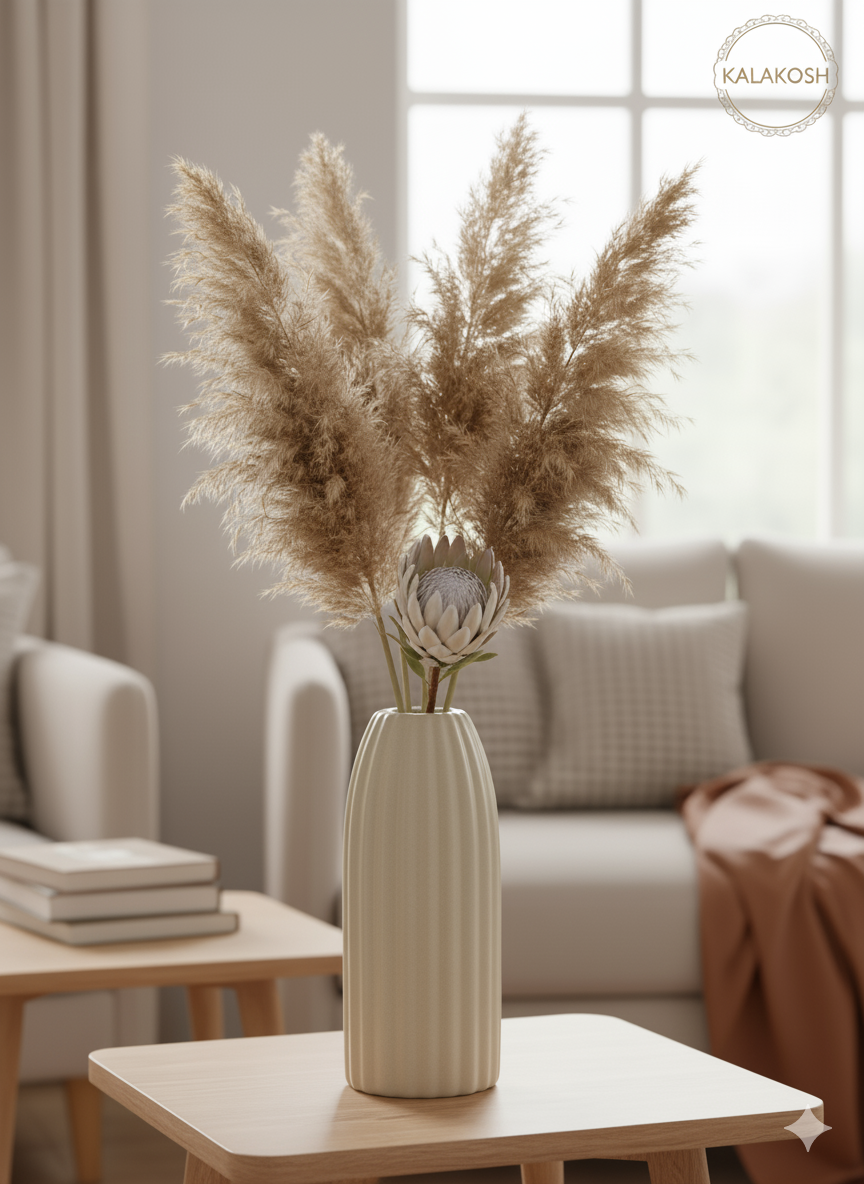 Premium Ceramic Ribbed Home Decor Vase | Modern Minimalist Design for Living Room, Office Use, and Thoughtful Gifting