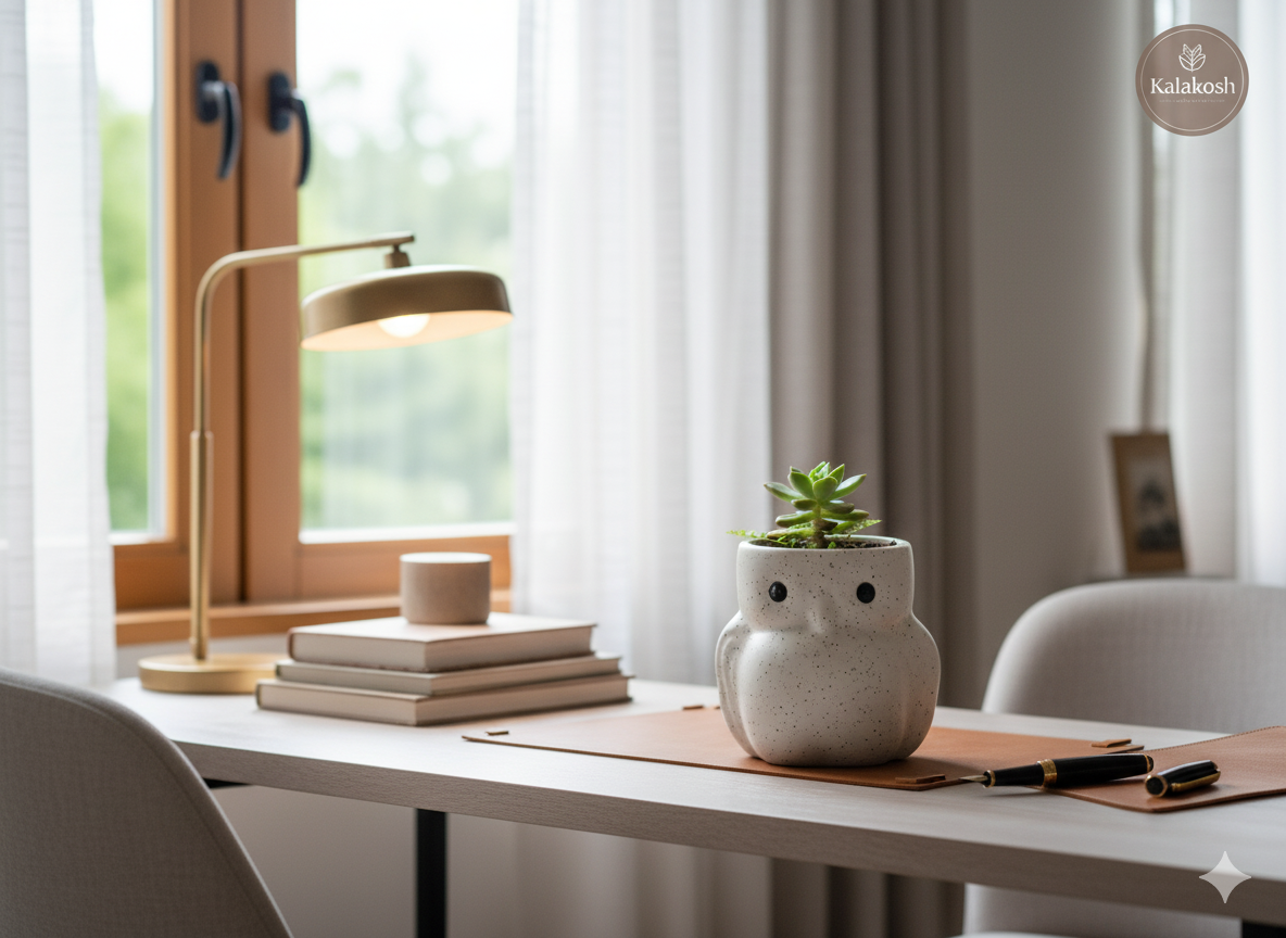 Handcrafted Owl Ceramic Planter & Pen Holder for Desk Décor | Speckled Clay Planters for Home Office | Artisan Eco-Friendly Succulent Pot Gift