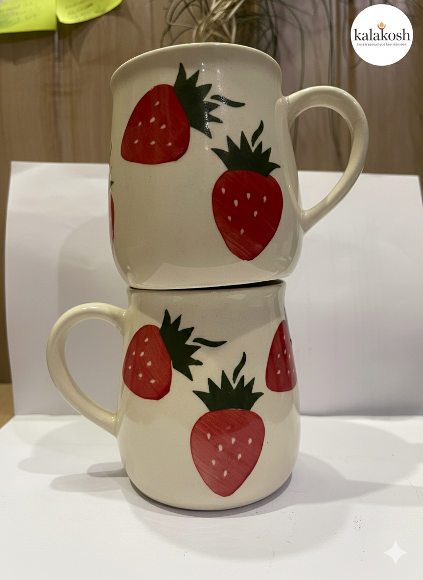 Hand-Painted Strawberry Ceramic Mug Set | Tea Coffee Milk Office Home Decor Use | Artistic Clay Stoneware Kitchen Home Use Gift for Her Him