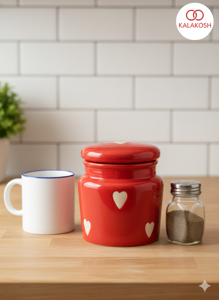 Red Ceramic Jar/Pickle Container with Heart Design | Airtight Kitchen Storage | Home Decor Vase | Office Use | Premium Gifting