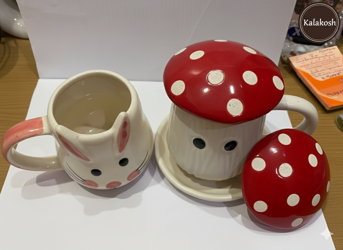 Premium Rabbit & Mushroom Ceramic Coffee Mug Set | Cute Tea Cups Combo for Home Decor, Kitchen, Office Use | Aesthetic Gifting for Women & Girls
