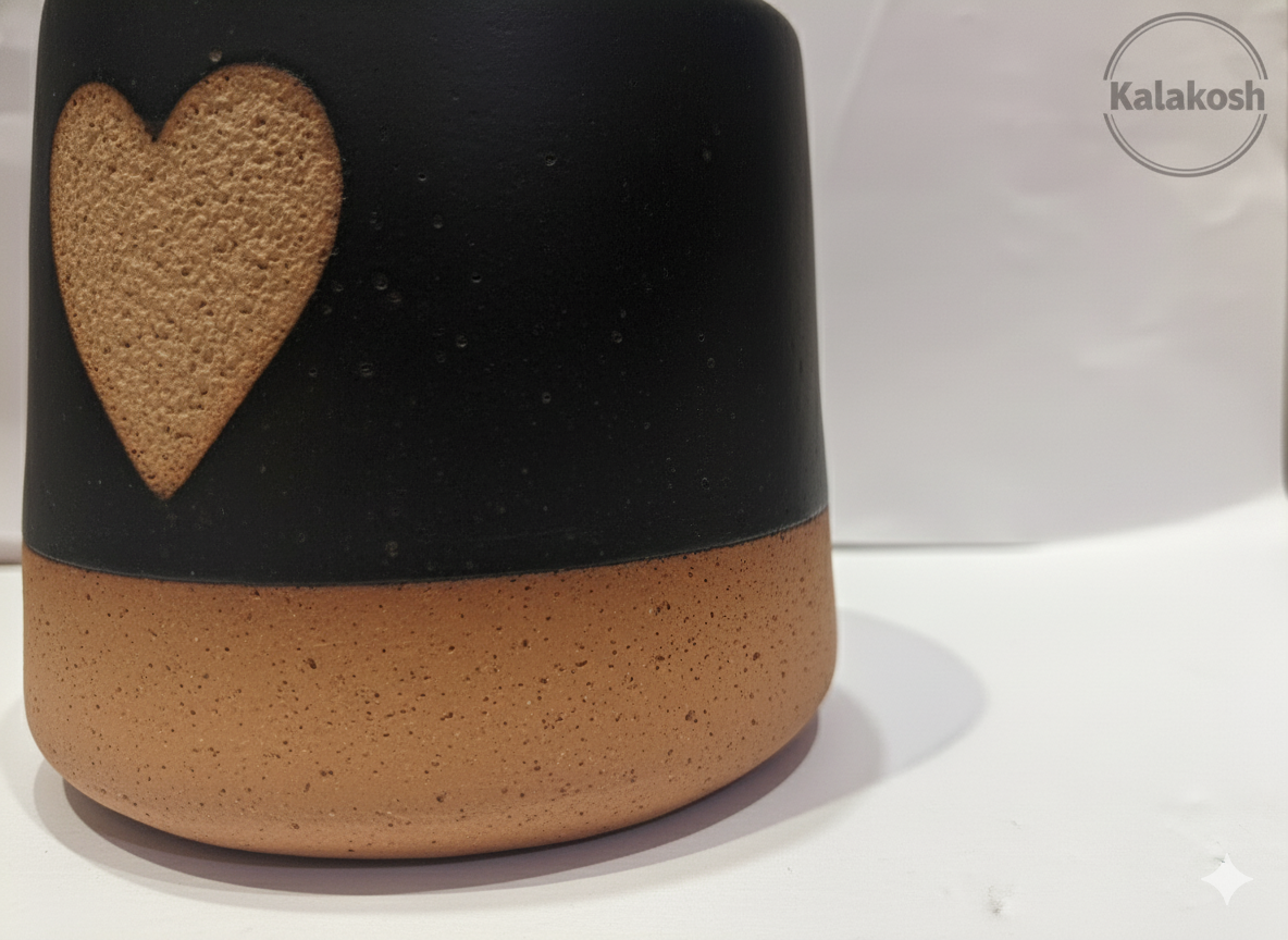 Handmade Black & Terracotta Heart Mug | Premium Ceramic Coffee Cup for Home Use & Office | Unique Home Decor Piece & Perfect Gifting Idea