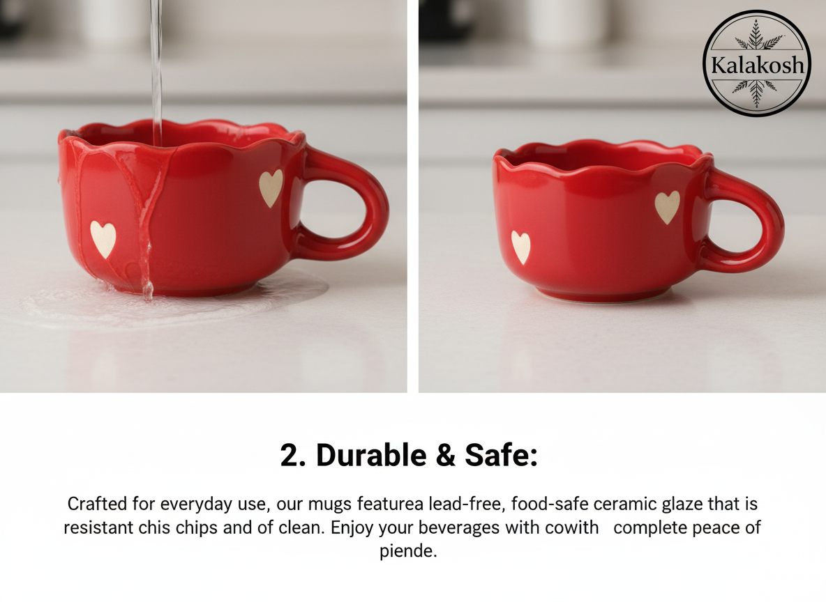 Handcrafted Red Ceramic Coffee Mugs (Set of 1) with Heart Design | Eco-Friendly Clay Mugs for Home & Office Use | Rustic Artisanal Tea