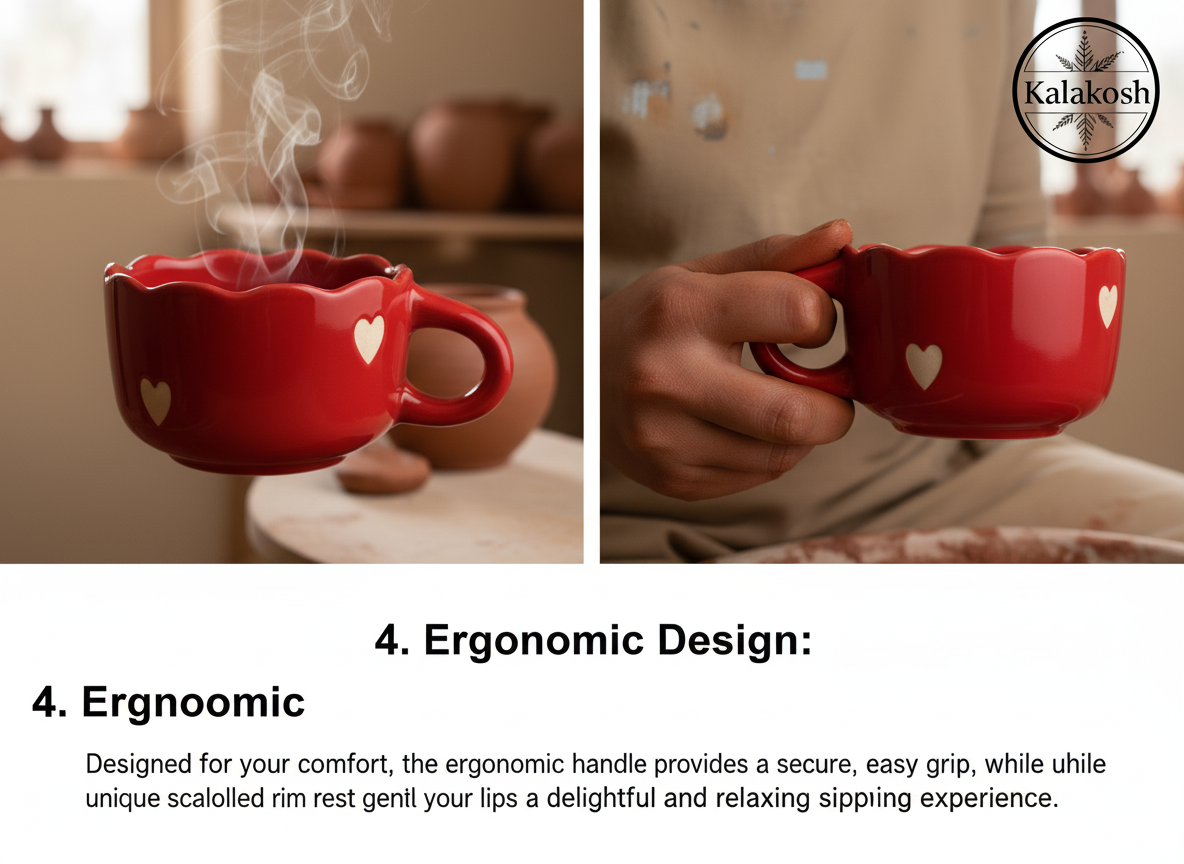 Handcrafted Red Ceramic Coffee Mugs (Set of 1) with Heart Design | Eco-Friendly Clay Mugs for Home & Office Use | Rustic Artisanal Tea