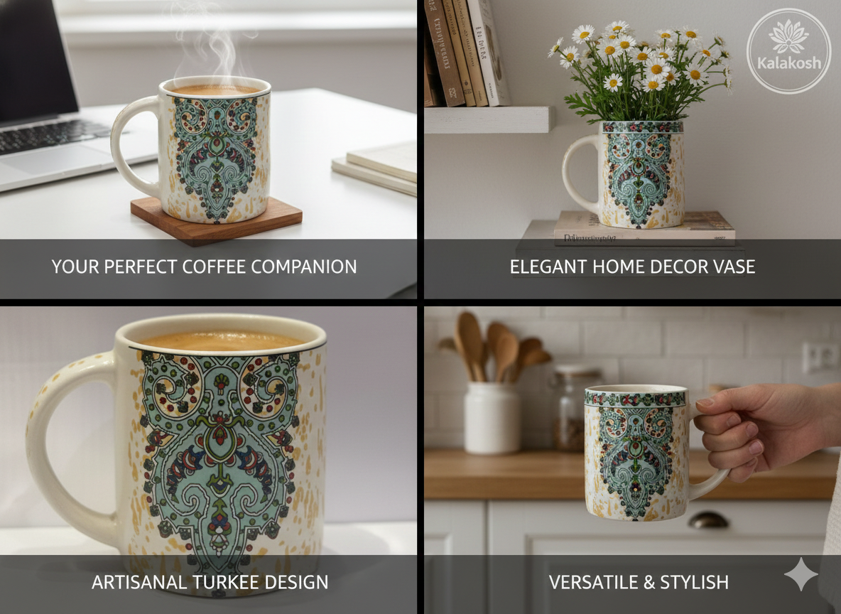 Premium Ceramic Coffee Mug with Turkish Iznik Art Design – 350ml Tea Cup for Home Decor, Office Use & Gifting – Elegant Home Decor Vase Style Drinkware for Hot/Cold Beverages (White & Turquoise)