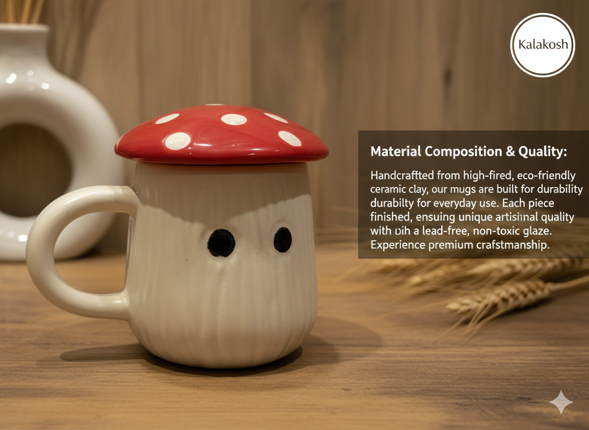 Handcrafted Ceramic Mushroom Coffee Mug with Lid | Eco-Friendly Clay Mugs for Home & Office Use | Unique Artisanal Tea Cup Gift
