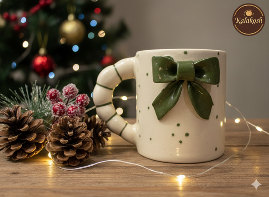 Premium Ceramic Tea Mug with 3D Bow Detail & Textured Handle – Stylish Home Decor Vase & Drinkware for Coffee, Tea – Hand-Painted Aesthetic Cup for Home Use, Office Use & Gifting – Cream & Green