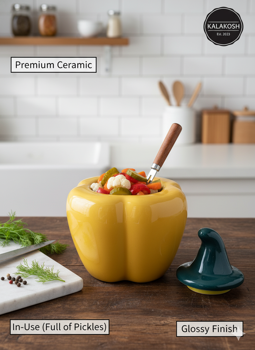 Artisan Ceramic Pickle Jar Container with Lid | Home Decor Vase | Stylish Kitchen Storage | Office Use Accent | Yellow Pepper Design | Gifting