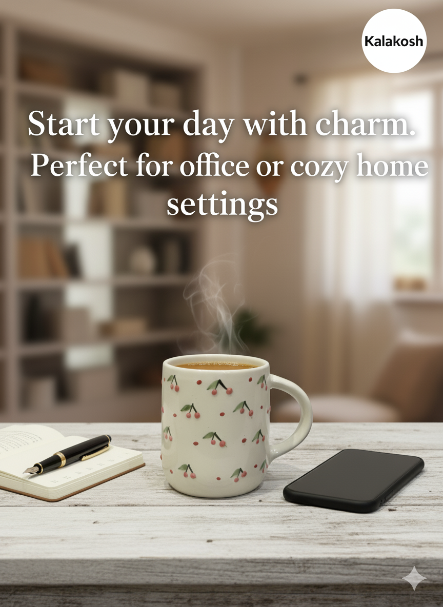 Handmade Cherry Pattern Ceramic Coffee Mug | Home Decor Vase | Premium Tea Cup for Office & Home Use | Unique Gifting