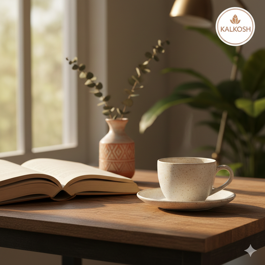 Kalakosh Premium Ceramic Tea and Coffee Cup with Saucer Set – Handcrafted Speckled Off-White Stoneware for Home Decor, Office Use & Kitchen – Elegant 200ml Cup for Gifting and Home Use