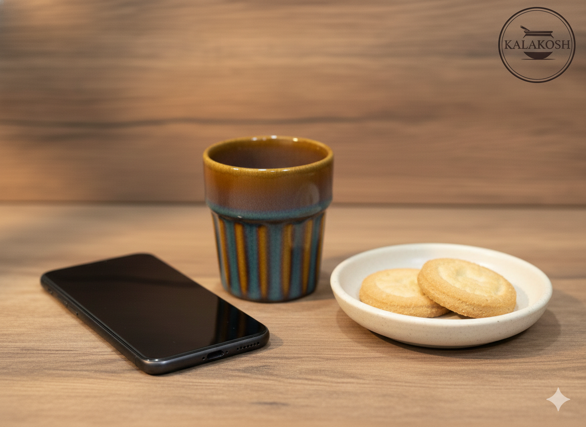 Premium Ceramic Tea & Coffee Cup Set of 2 with Metal Carrier Stand | Handcrafted Earthy Glaze Kulhad Mugs for Home Decor, Office Use & Kitchen | Rustic Aesthetic Studio Pottery Gift Set