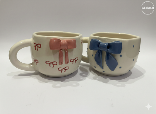 Handcrafted 3D Bow Ceramic Tea and Coffee Cup Set of 2 - Aesthetic Home Decor Mugs for Home Use, Office Use & Gifting - 300ml Premium Pottery Drinkware for Kitchen & Living Room Decor