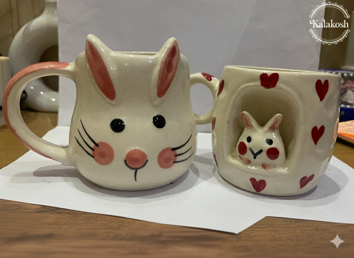 Kawaii Ceramic Coffee Mug Set for Home Decor, Office Use, & Gifting | Cute Bunny & Mushroom Tea Cups Combo | Premium Aesthetic Home Use