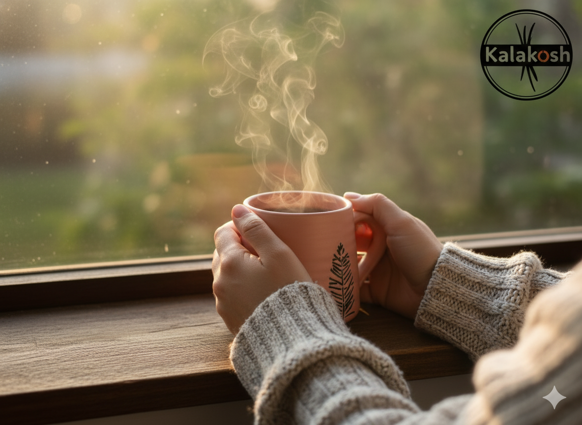 Handcrafted Terracotta Clay Coffee Mug | Pink Aesthetic | Black Fern Leaf Design | Rustic Home Decor & Office Use Tea Cup | Unique Gifting