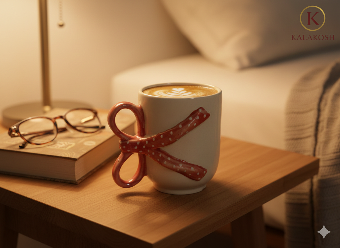 Handmade Ceramic Coffee Mug with Red Polka Dot 3D Bow Handle - Aesthetic Tea Cup for Home Decor Vase, Office Use & Gifting - Unique Coquette Ribbon Design Pottery - Off-White & Red (300ml)