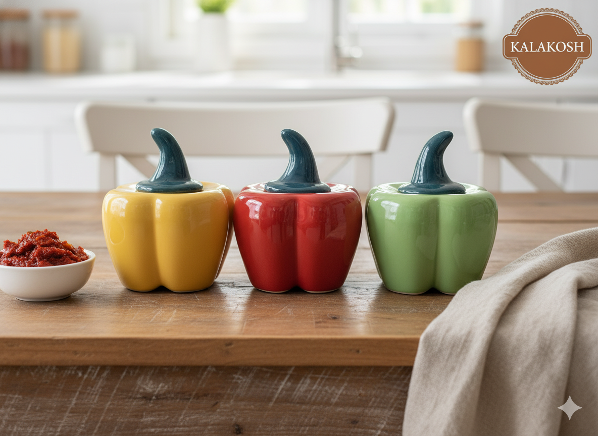 Premium Ceramic Pickle Jar Container Set of 3 | Bell Pepper Design | Home Décor Vase for Kitchen & Dining | Office Use Storage | Multipurpose Home Use Set