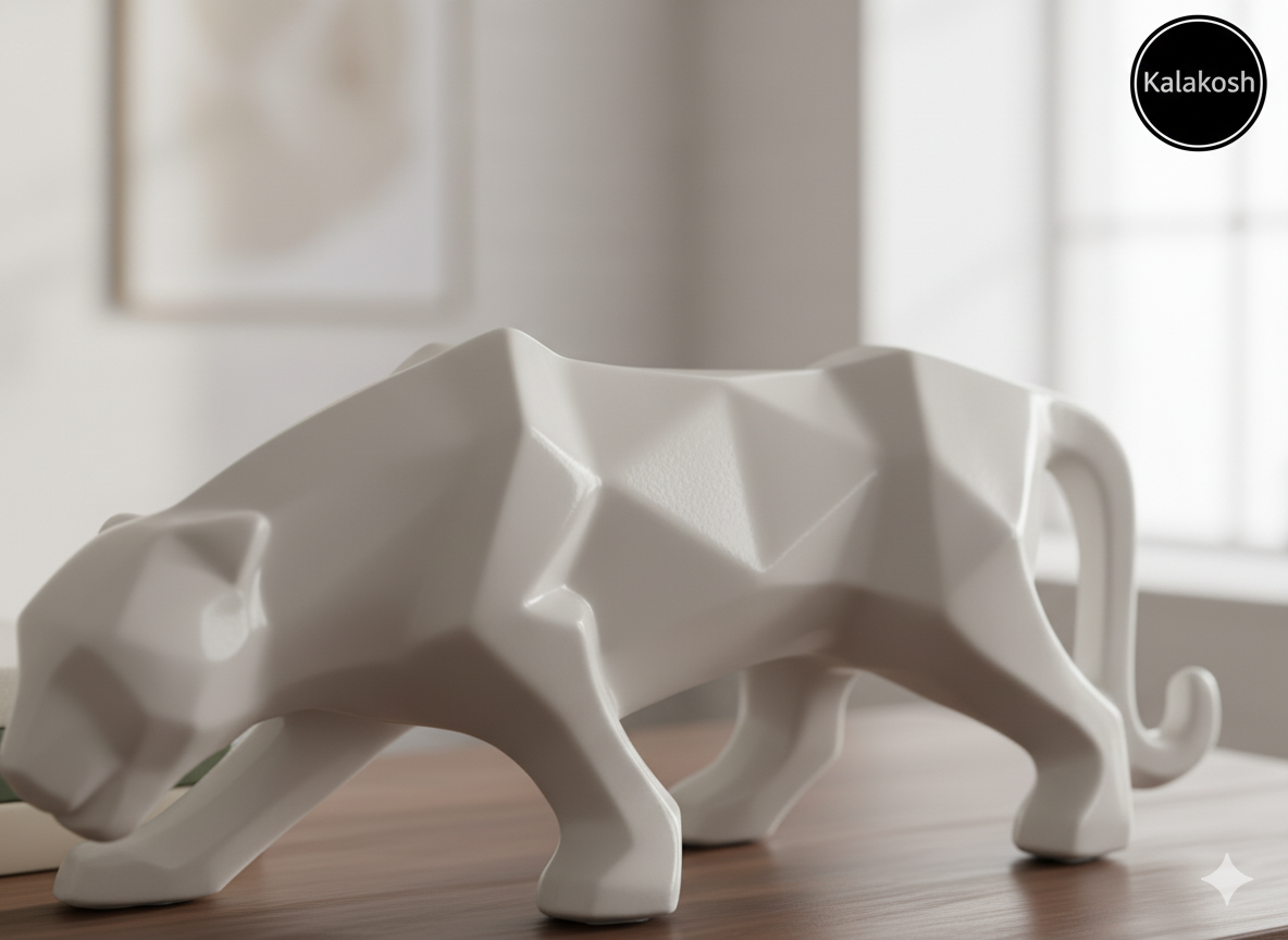 Geometric Panther Showpiece for Modern Home Decor | Ceramic/Polyresin Abstract Animal Sculpture | White Living Room Tabletop Art & Luxury Gift