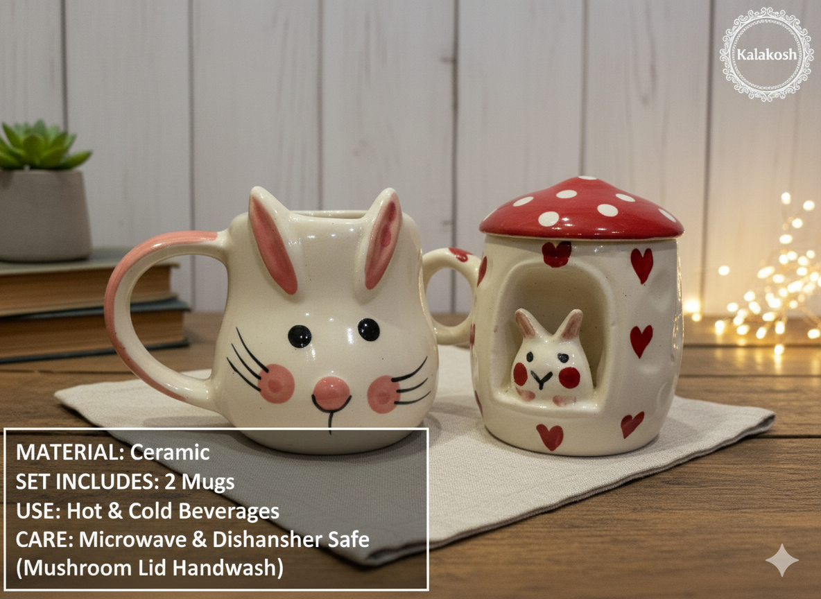 Kawaii Ceramic Coffee Mug Set for Home Decor, Office Use, & Gifting | Cute Bunny & Mushroom Tea Cups Combo | Premium Aesthetic Home Use