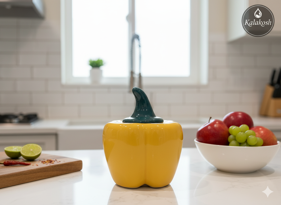 Artisan Ceramic Pickle Jar Container with Lid | Home Decor Vase | Stylish Kitchen Storage | Office Use Accent | Yellow Pepper Design | Gifting