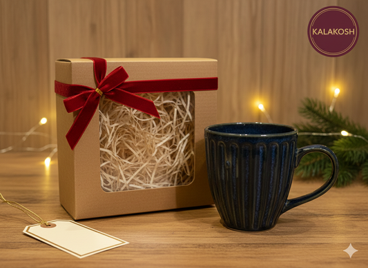 Artisan Navy Blue Ceramic Coffee Mug for Home & Office Use | Premium Glossy Glaze Tea Cup | Ribbed Home Decor Accent & Unique Gifting Item | Stoneware Mug for Daily Use