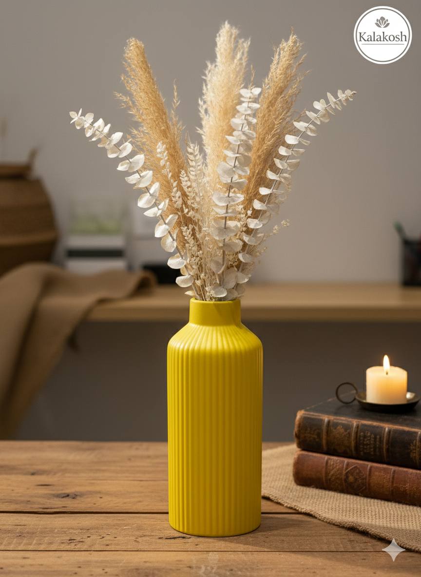 Handcrafted Yellow Fluted Ceramic Planter | Eco-Friendly Clay Vase for Rustic Home & Office Decor | Artisan Table Centerpiece | Unique Gifting