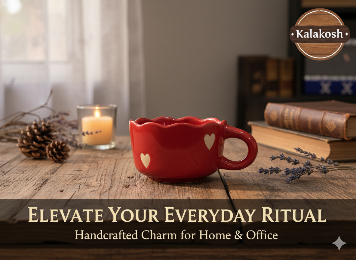 Handcrafted Red Ceramic Coffee Mugs (Set of 1) with Heart Design | Eco-Friendly Clay Mugs for Home & Office Use | Rustic Artisanal Tea