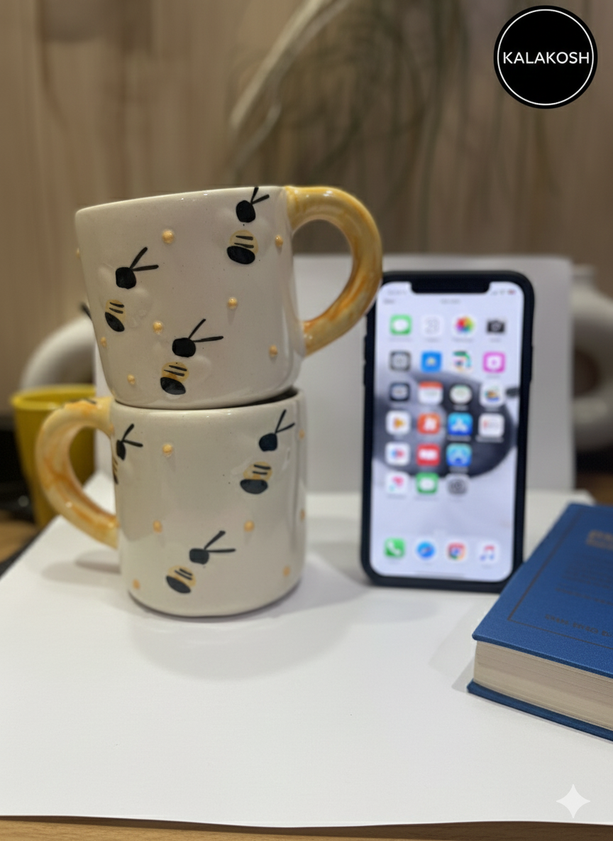 Handcrafted Ceramic Coffee Tea Mugs Set of 2 | Bee Design | Premium Pottery for Home Decor & Office Use | Unique Gifting