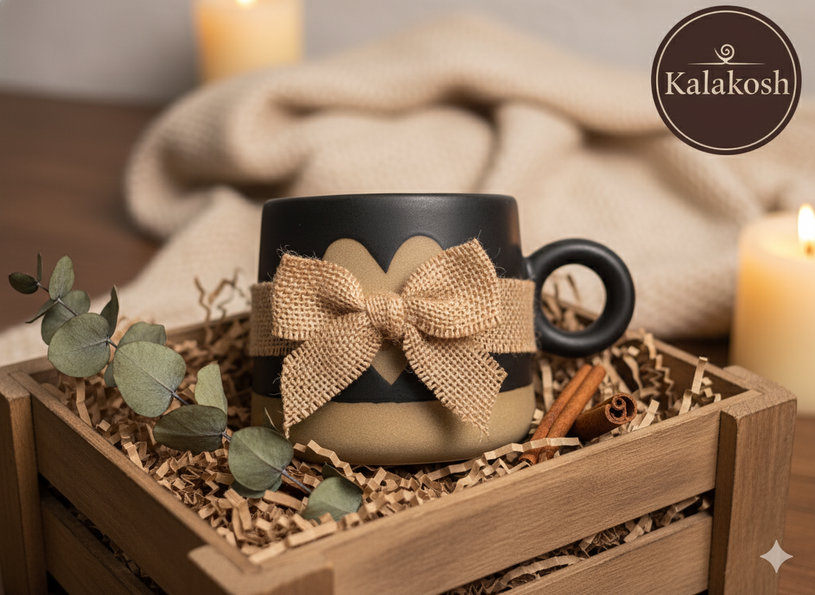 Handmade Black & Terracotta Heart Mug | Premium Ceramic Coffee Cup for Home Use & Office | Unique Home Decor Piece & Perfect Gifting Idea