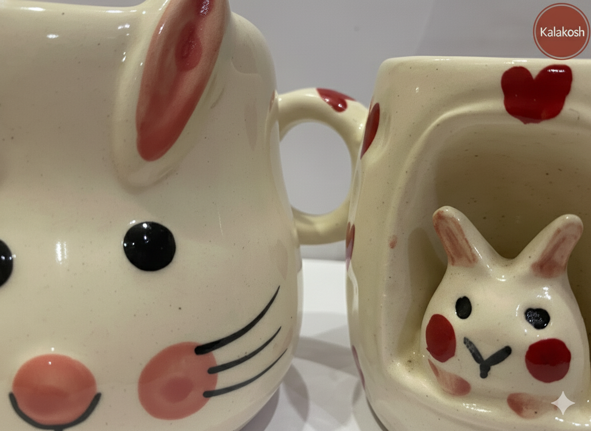 Kawaii Ceramic Coffee Mug Set for Home Decor, Office Use, & Gifting | Cute Bunny & Mushroom Tea Cups Combo | Premium Aesthetic Home Use