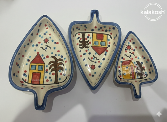 Hand-Painted Ceramic Leaf Shape Serving Plates Set of 3 – Vibrant Mediterranean Village Design Platters for Home Decor, Kitchen, Office Use & Gifting – Artistic Clay Finish Snack Trays