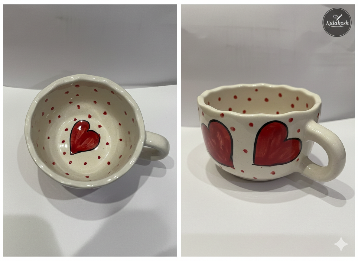 Hand-Painted Ceramic Heart Mug for Coffee Tea | Home Decor Office Use | Unique Terracotta-Style Cup | Best Gift for Lovers & Home Use