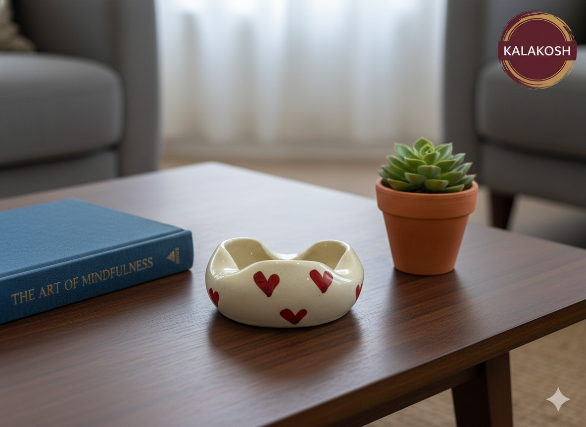 Premium Heart Printed Ceramic Ashtray for Home Decor | Speckled Ivory Glazed Accent Piece | Home & Office Use | Unique Gifting Vase