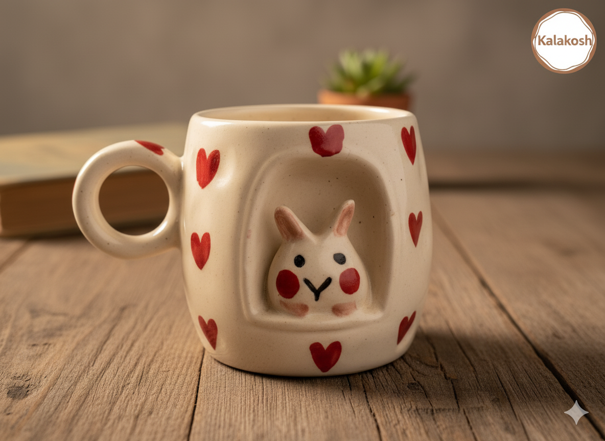 Handcrafted Ceramic Mugs for Home & Office Use | Eco-Friendly Clay Coffee & Tea Mug | Rustic Bunny Heart Design | Artisanal Gift for Loved Ones