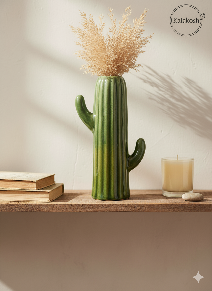 Handcrafted Ceramic Cactus Planter & Pen Holder for Desk, Home & Office Décor | Eco-Friendly Clay Pot & Stationary Organizer | Rustic Table Décor Gift