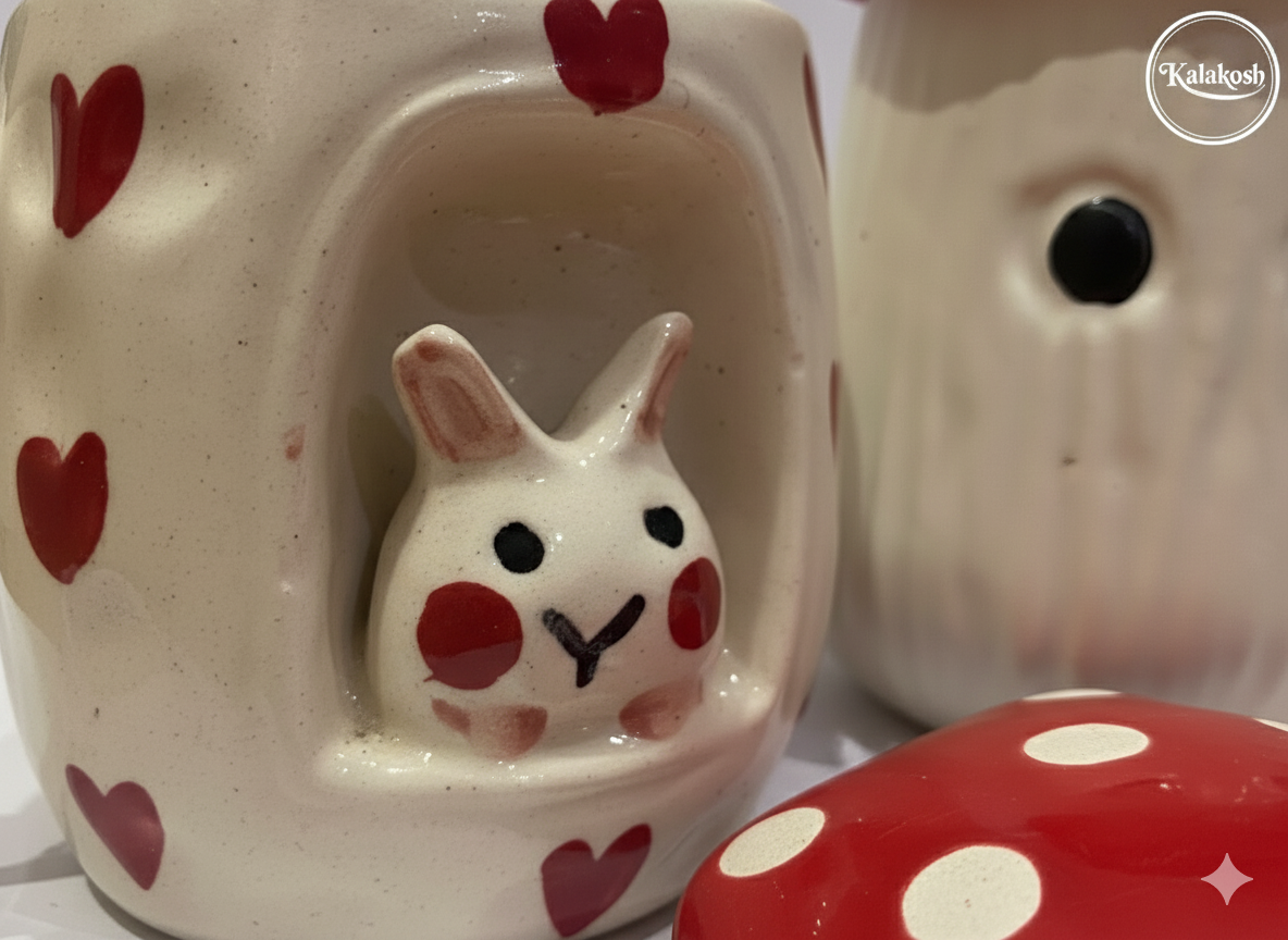 Whimsical Ceramic Coffee/Tea Mug Set Combo - 2 Cute Mugs with Lid | Kawaii Bunny & Mushroom Design | Home Decor, Office Use, Unique Gifting Item