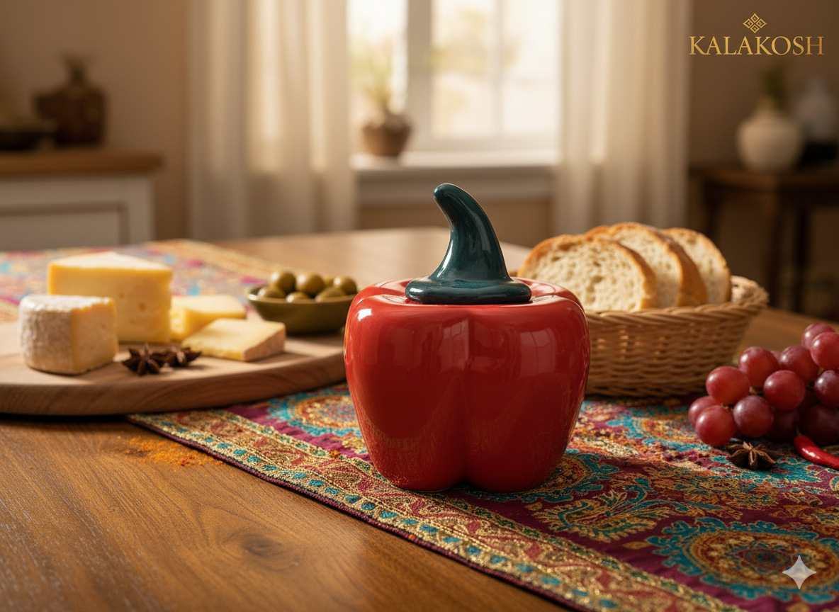 Premium Ceramic Red Bell Pepper Pickle Jar with Lid | Multipurpose Home Décor Vase Office Use Container Storage Decorative Gift