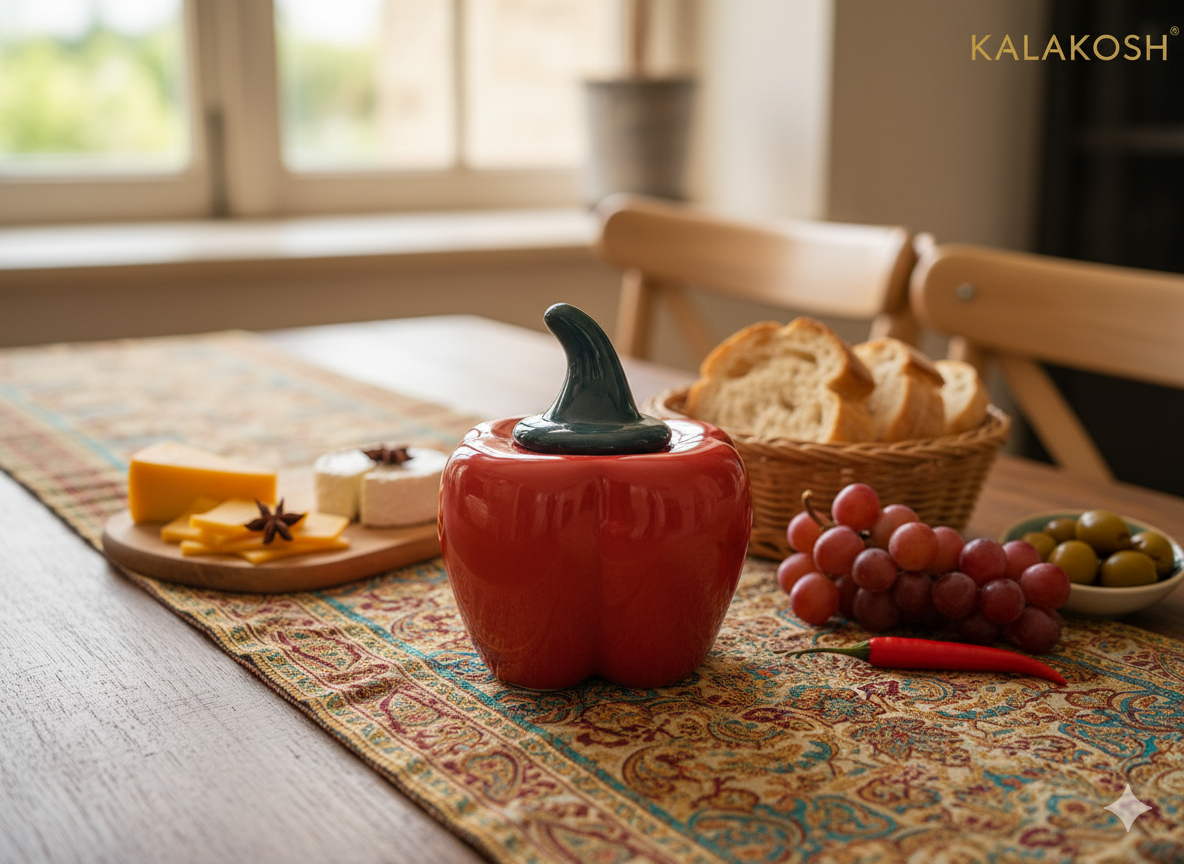 Premium Ceramic Red Bell Pepper Pickle Jar with Lid | Multipurpose Home Décor Vase Office Use Container Storage Decorative Gift